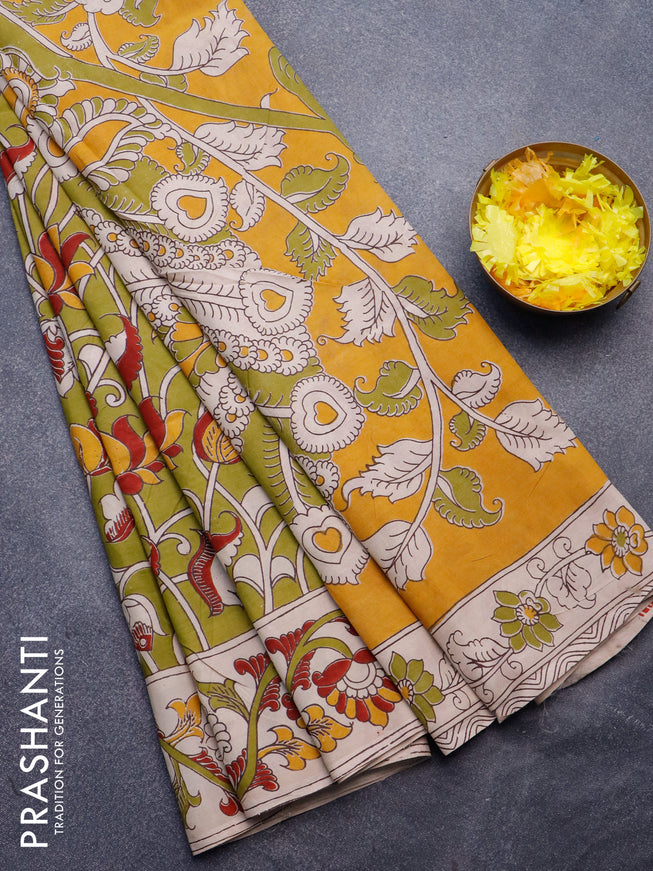 Kalamkari semi silk saree mehendi green and beige with allover prints and printed border