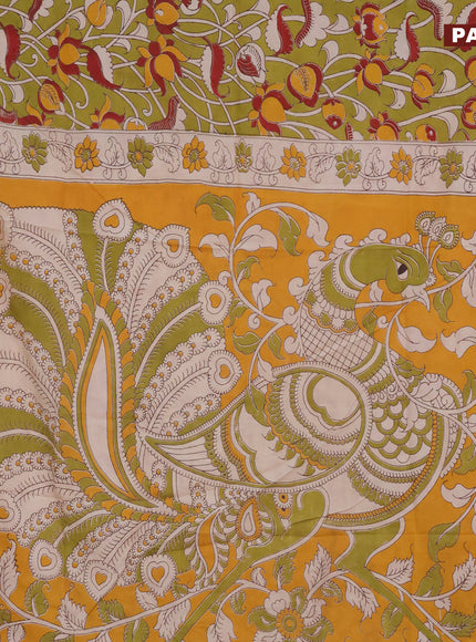 Kalamkari semi silk saree mehendi green and beige with allover prints and printed border