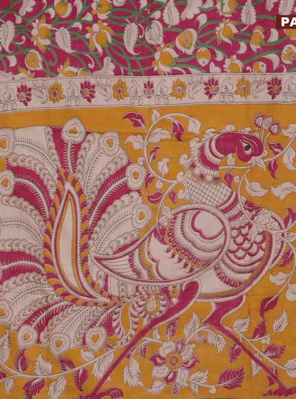 Kalamkari semi silk saree magenta pink and beige with allover prints and printed border