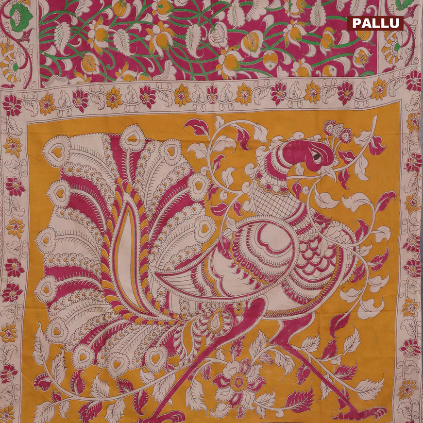 Kalamkari semi silk saree magenta pink and beige with allover prints and printed border