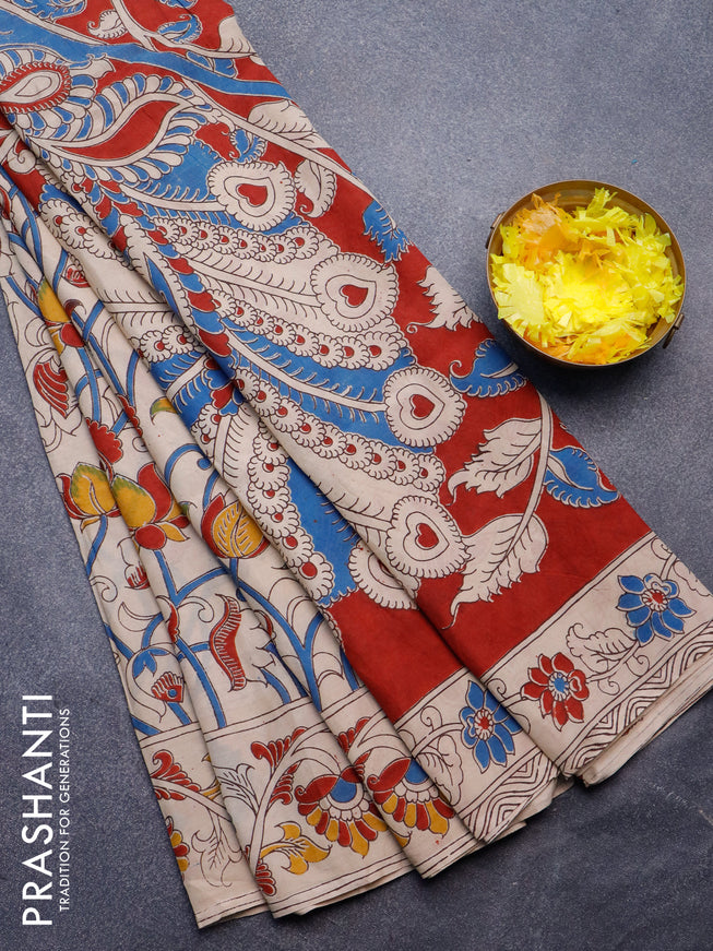 Kalamkari semi silk saree beige with allover prints and printed border