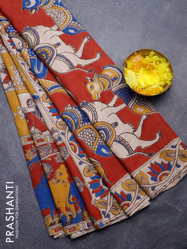 Kalamkari semi silk saree mustard beige and maroon with allover prints and printed border