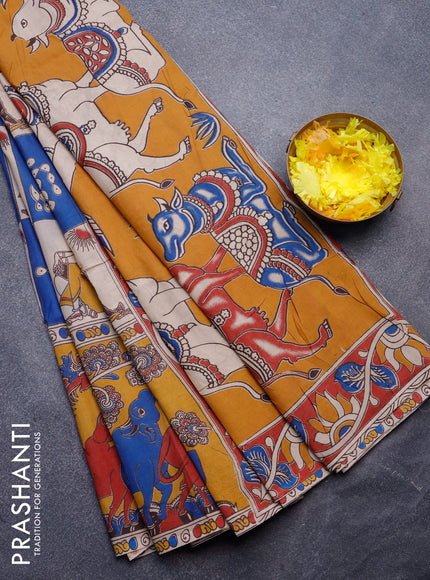 Kalamkari semi silk saree blue beige and mustard with allover prints and printed border