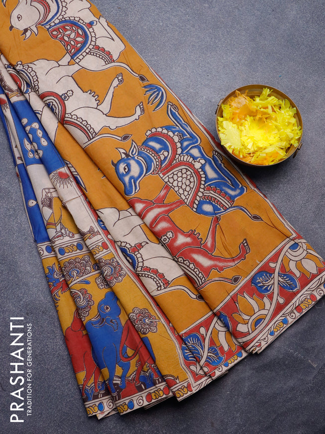 Kalamkari semi silk saree blue beige and mustard with allover prints and printed border