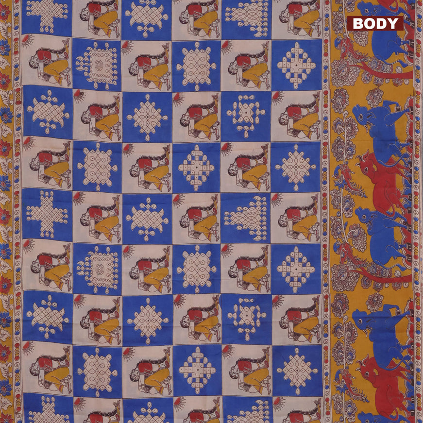 Kalamkari semi silk saree blue beige and mustard with allover prints and printed border