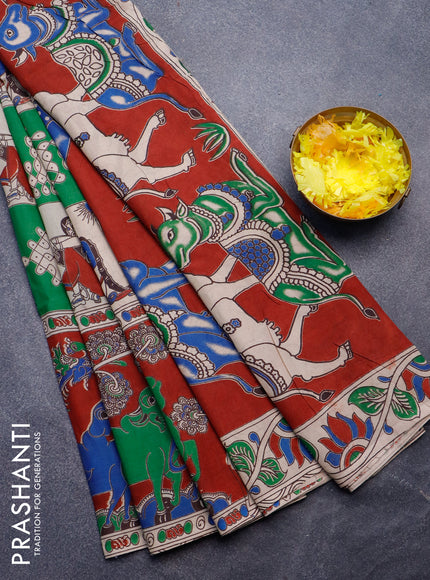 Kalamkari semi silk saree green beige and maroon with allover prints and printed border