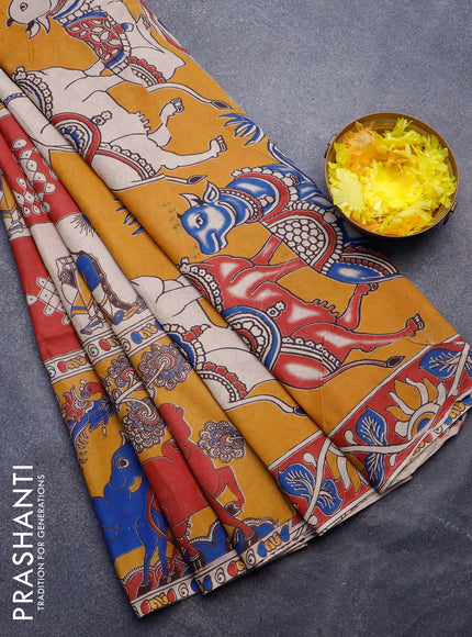 Kalamkari semi silk saree beige maroon and mustard with allover prints and printed border