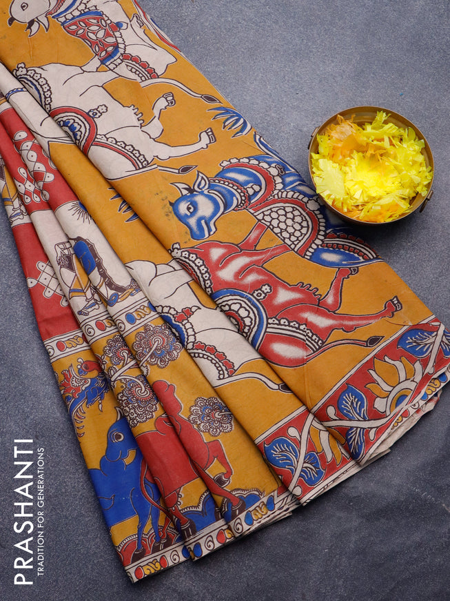 Kalamkari semi silk saree beige maroon and mustard with allover prints and printed border