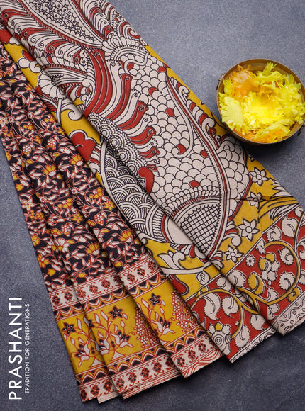 Kalamkari semi silk saree black and yellow with allover prints and printed border