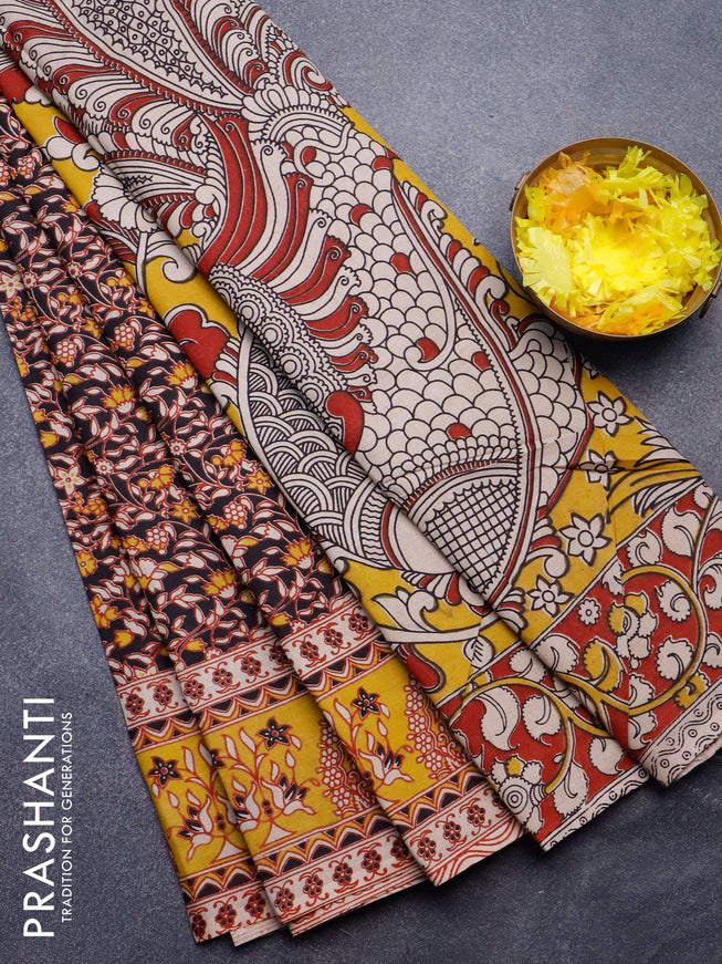 Kalamkari semi silk saree black and yellow with allover prints and printed border