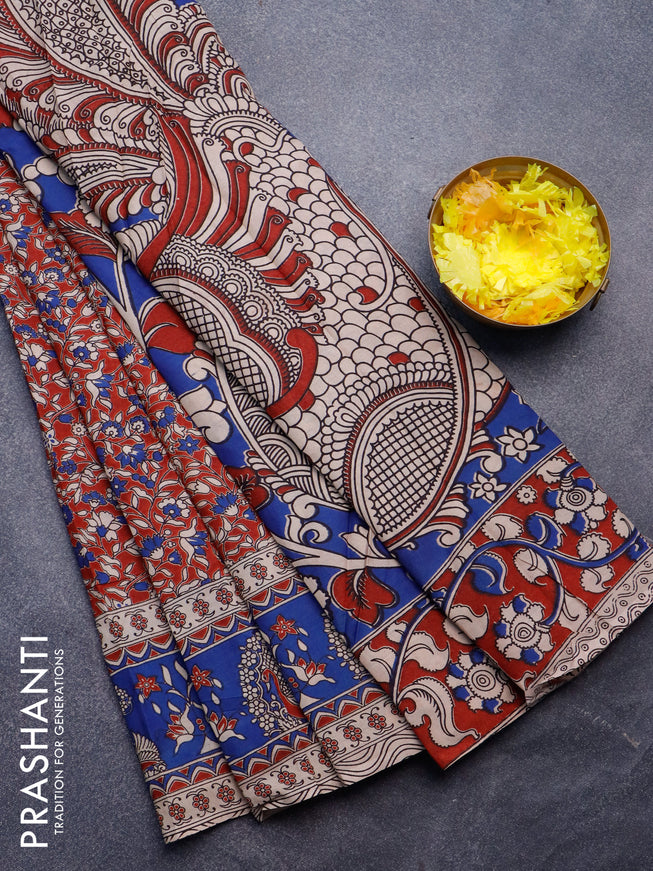 Kalamkari semi silk saree maroon and blue with allover prints and printed border