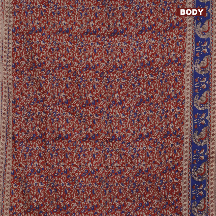 Kalamkari semi silk saree maroon and blue with allover prints and printed border