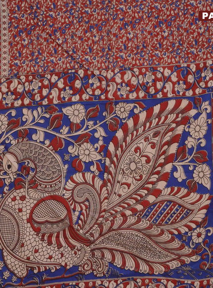 Kalamkari semi silk saree maroon and blue with allover prints and printed border