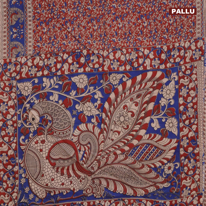 Kalamkari semi silk saree maroon and blue with allover prints and printed border