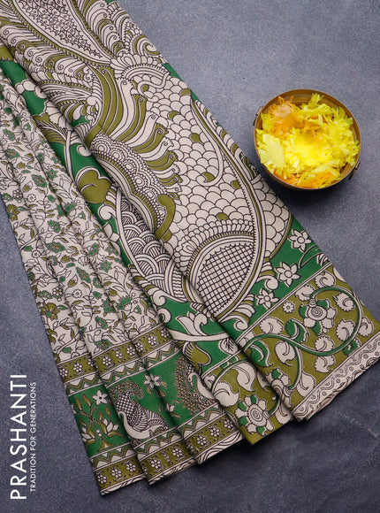 Kalamkari semi silk saree beige and green with allover prints and printed border