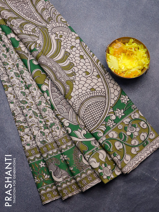 Kalamkari semi silk saree beige and green with allover prints and printed border