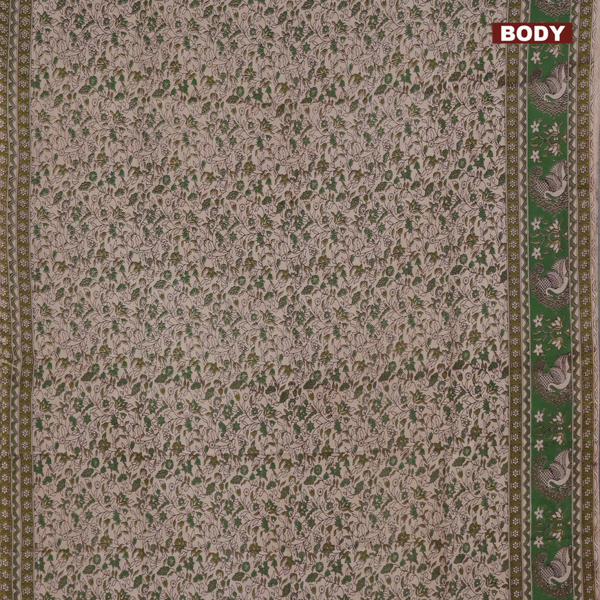 Kalamkari semi silk saree beige and green with allover prints and printed border