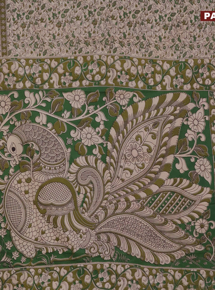 Kalamkari semi silk saree beige and green with allover prints and printed border