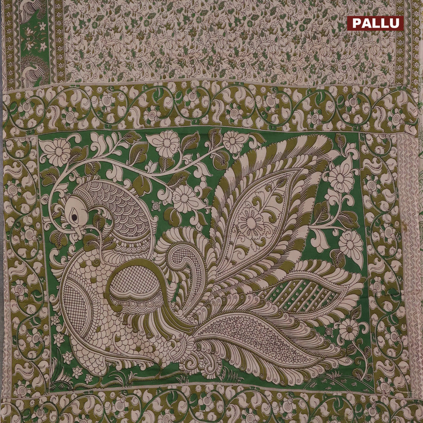 Kalamkari semi silk saree beige and green with allover prints and printed border