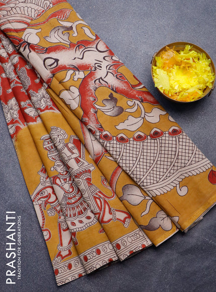 Kalamkari semi silk saree maroon and mustard yellow with allover prints and printed border