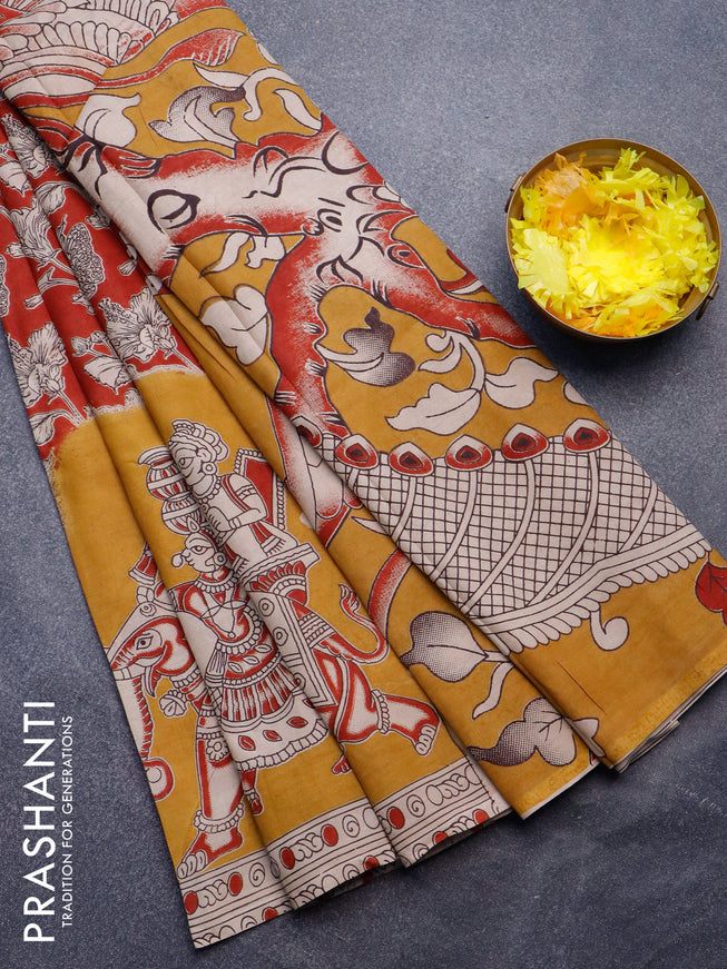 Kalamkari semi silk saree maroon and mustard yellow with allover prints and printed border