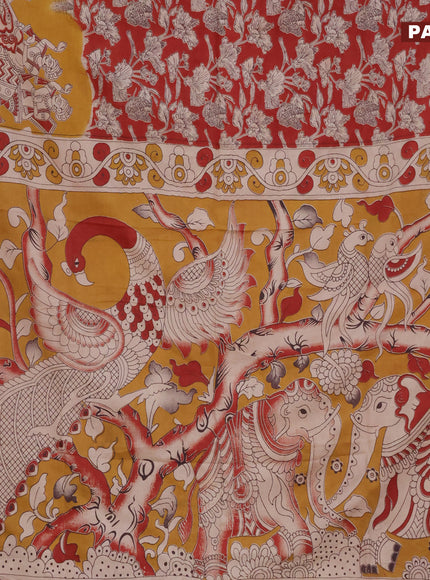 Kalamkari semi silk saree maroon and mustard yellow with allover prints and printed border