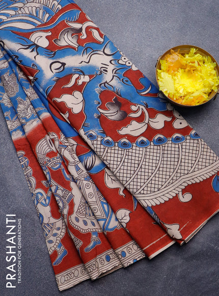 Kalamkari semi silk saree cs blue and maroon with allover prints and printed border