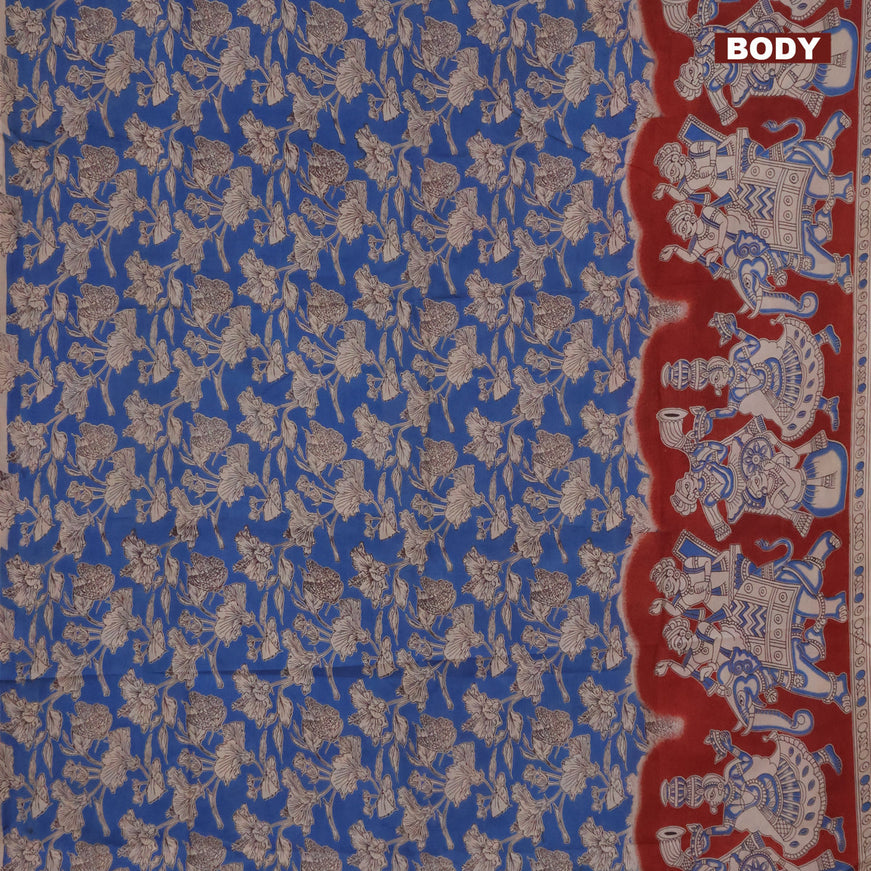 Kalamkari semi silk saree cs blue and maroon with allover prints and printed border