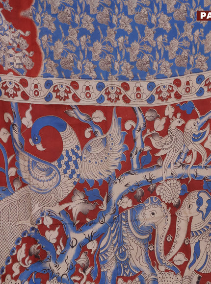 Kalamkari semi silk saree cs blue and maroon with allover prints and printed border