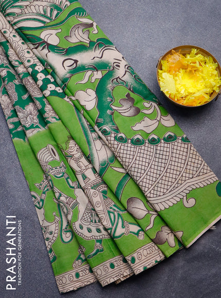 Kalamkari semi silk saree green and light green with allover prints and printed border