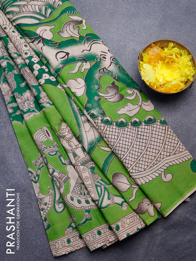 Kalamkari semi silk saree green and light green with allover prints and printed border