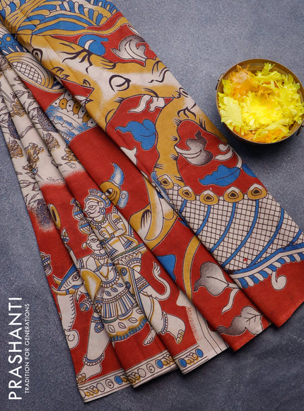 Kalamkari semi silk saree beige and maroon with allover prints and printed border