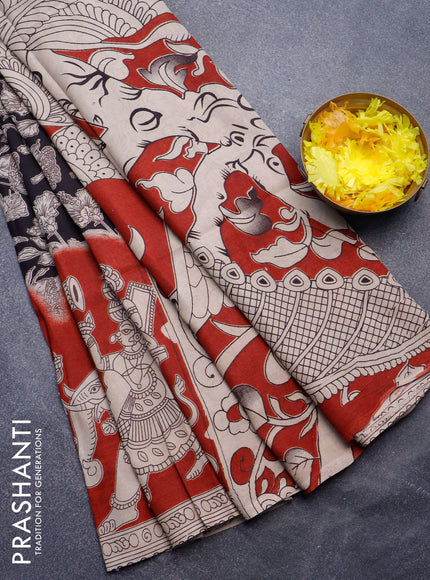 Kalamkari semi silk saree black and maroon with allover prints and printed border