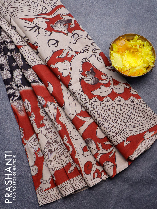 Kalamkari semi silk saree black and maroon with allover prints and printed border