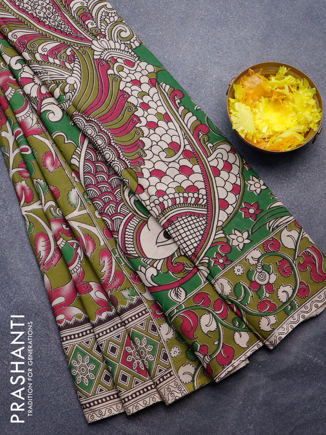 Kalamkari semi silk saree mehendi green with allover prints and printed border