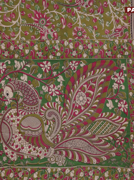 Kalamkari semi silk saree mehendi green with allover prints and printed border