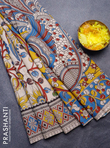 Kalamkari semi silk saree beige and maroon with allover prints and printed border