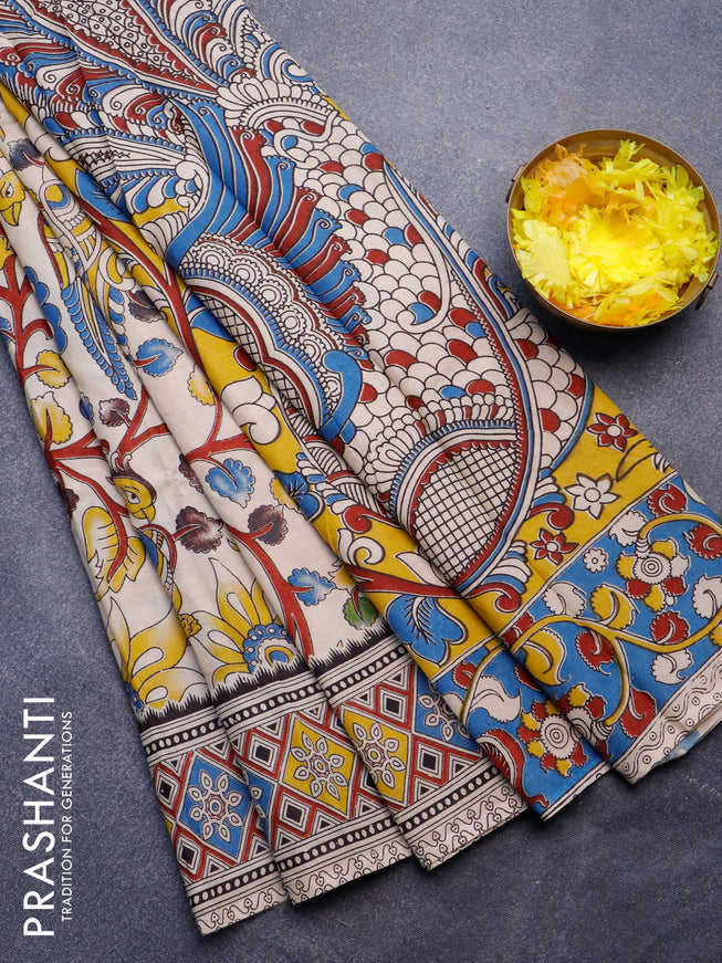 Kalamkari semi silk saree beige and maroon with allover prints and printed border