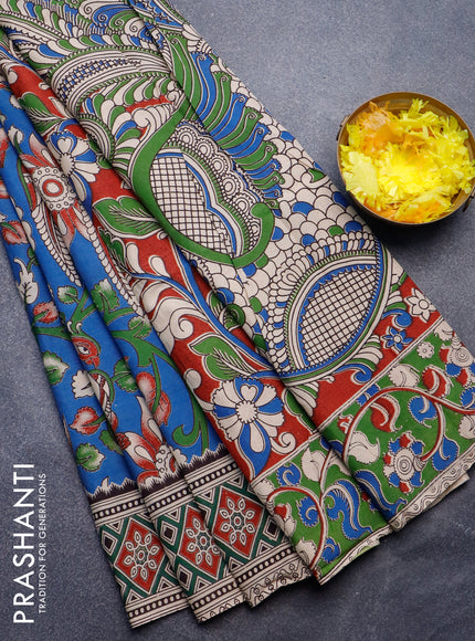 Kalamkari semi silk saree blue and green with allover prints and printed border