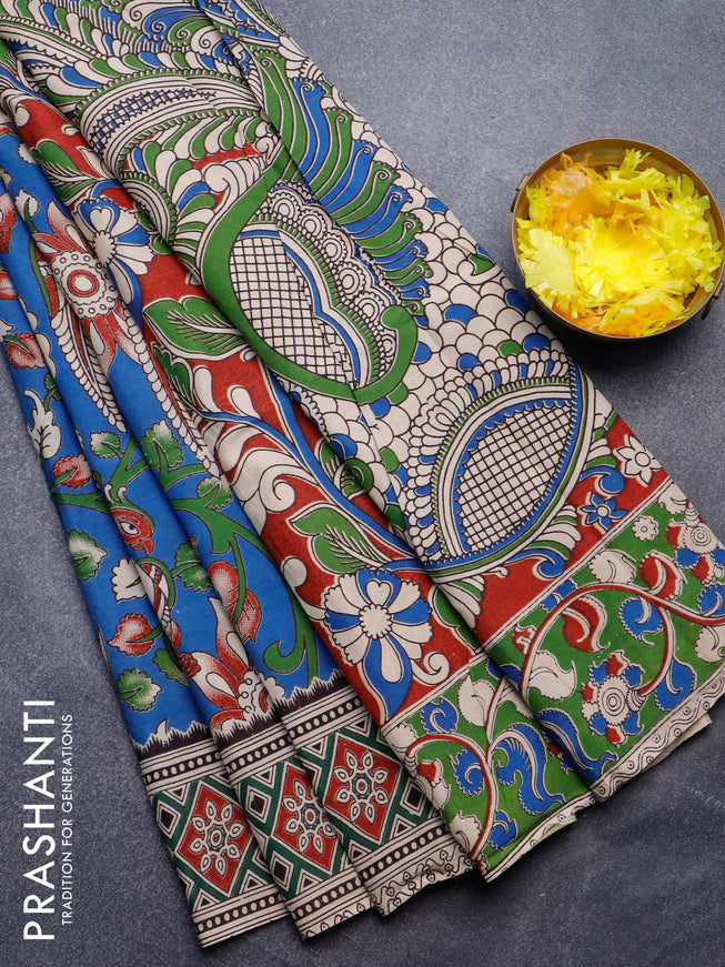 Kalamkari semi silk saree blue and green with allover prints and printed border