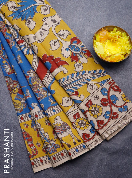 Kalamkari semi silk saree blue and yellow with allover prints and printed border