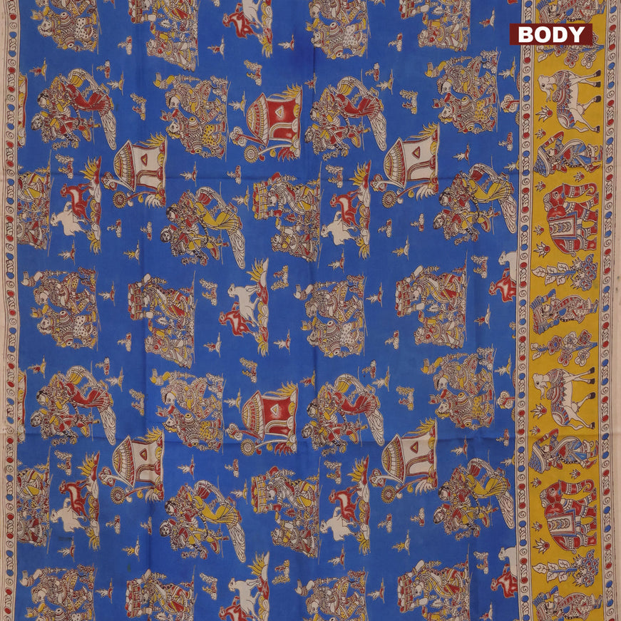 Kalamkari semi silk saree blue and yellow with allover prints and printed border