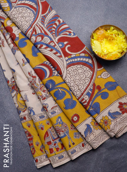 Kalamkari semi silk saree beige and yellow with allover prints and printed border