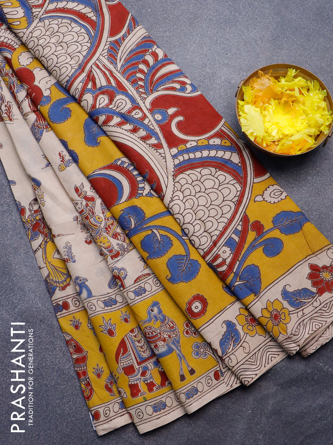 Kalamkari semi silk saree beige and yellow with allover prints and printed border