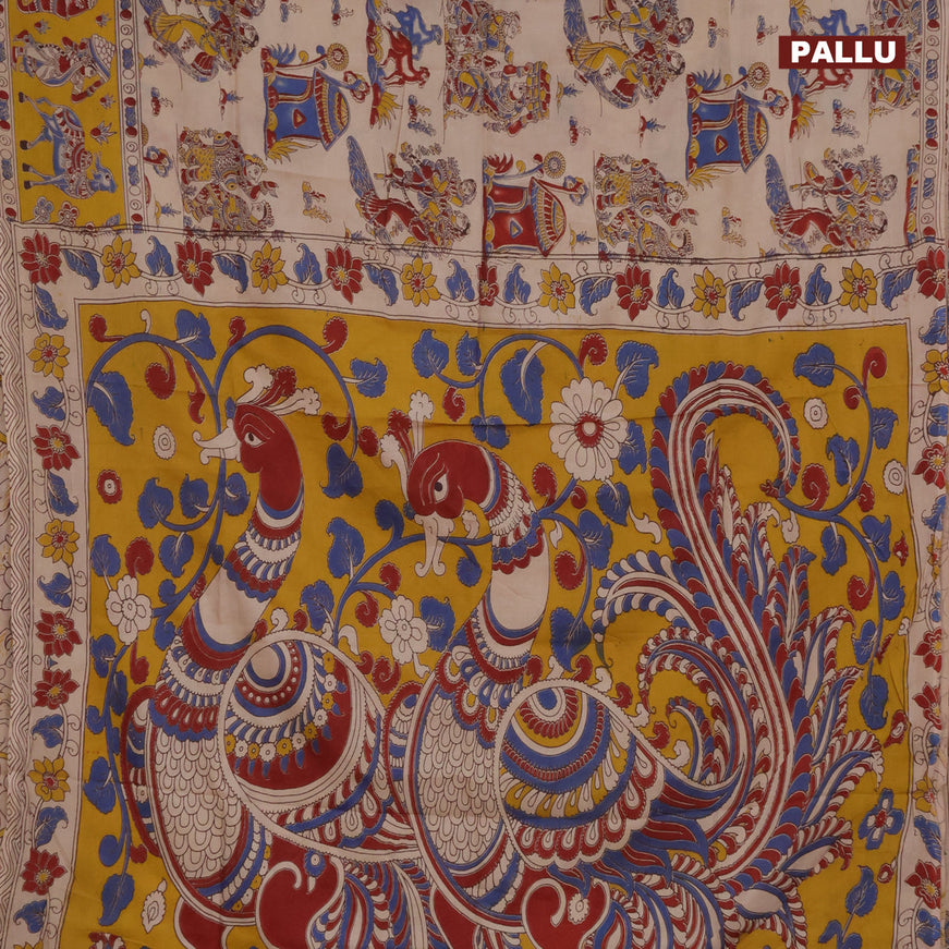 Kalamkari semi silk saree beige and yellow with allover prints and printed border