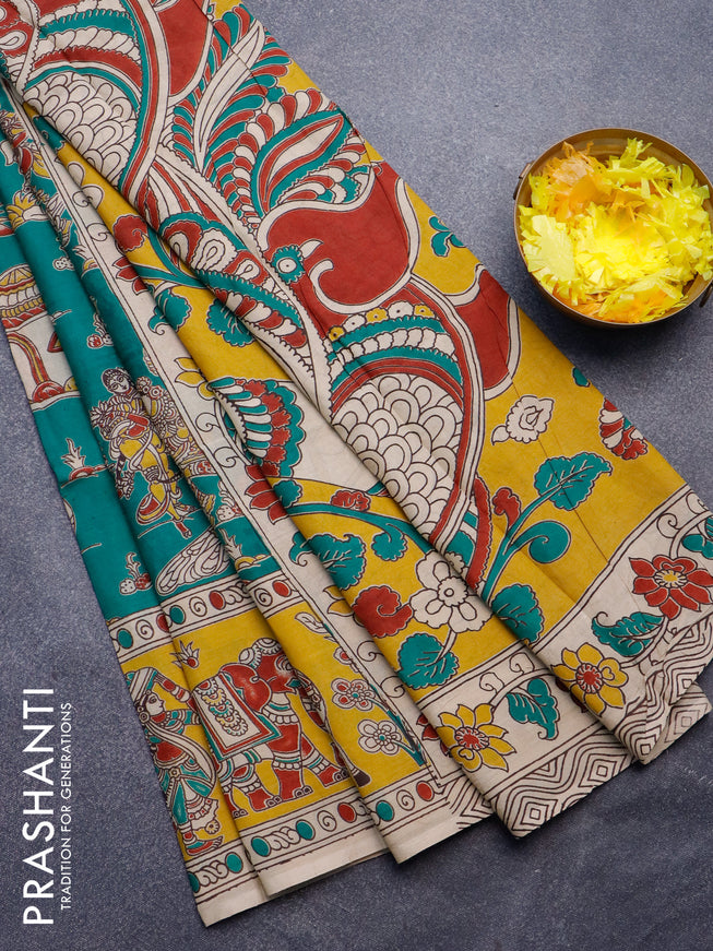 Kalamkari semi silk saree teal green and yellow with allover prints and printed border