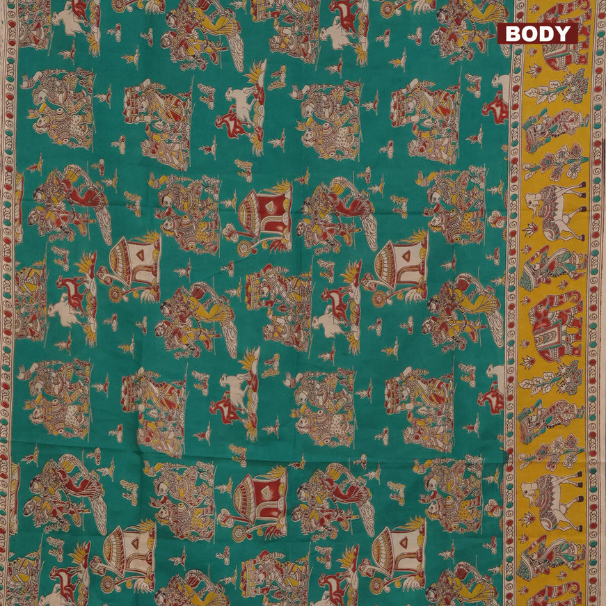 Kalamkari semi silk saree teal green and yellow with allover prints and printed border