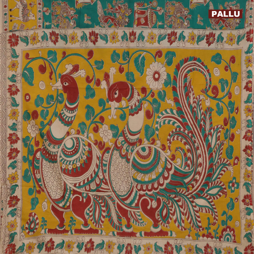 Kalamkari semi silk saree teal green and yellow with allover prints and printed border