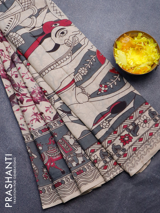 Kalamkari semi silk saree beige and grey with allover prints and printed border