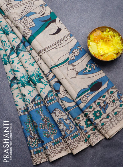 Kalamkari semi silk saree beige and blue with allover prints and printed border